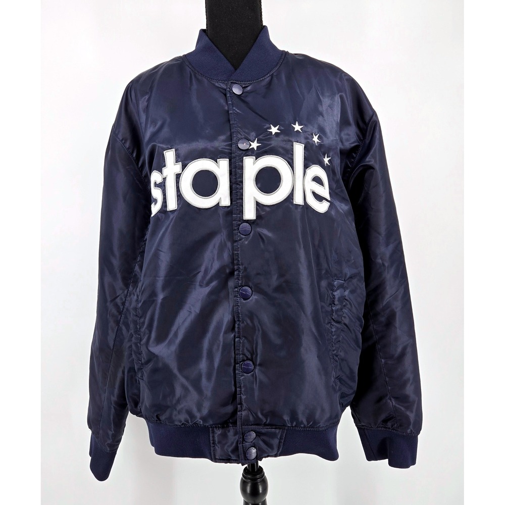 Staple Pigeon Bomber Jacket Navy Blue Spellout Star Button Snap Men's XL EUC